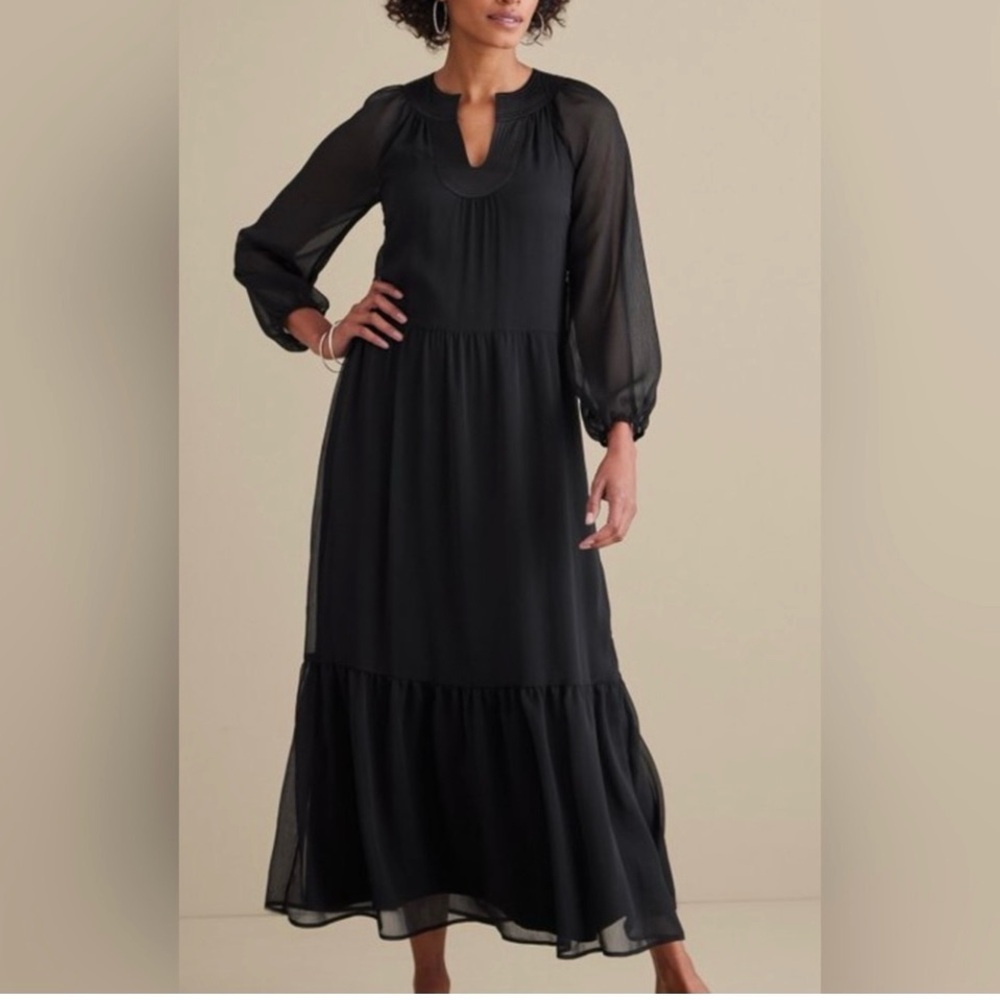 Soft Surroundings Olga Black‎ Tiered 
Maxi Sheer Long Sleeves Dress Size XS